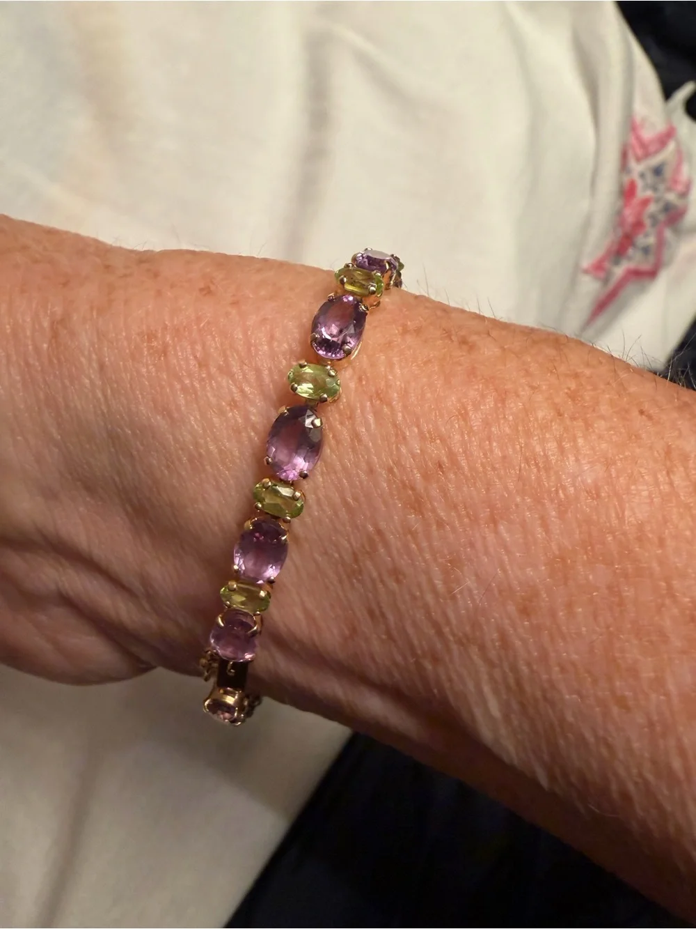 14K Yellow Gold Amethyst Peridot Tennis Bracelet 8.25” 33 Stones Box Clasp